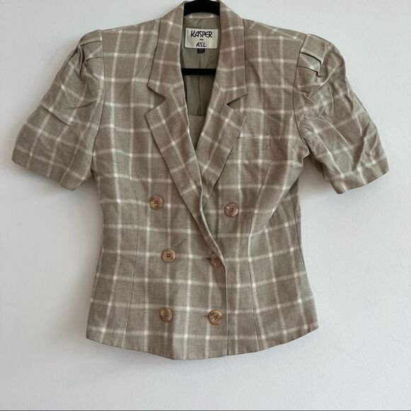 Vintage Beige Windowpane Plaid Short Sleeve Double Breasted Jacket Size 8/9 - Picture 8 of 8
